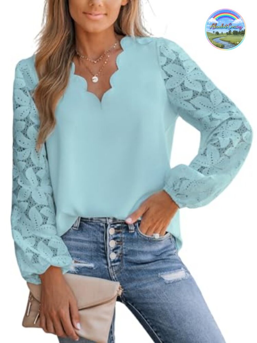 Women's Lace Eyelet Scalloped V Neck Blouse Long Sleeve Dressy Top
